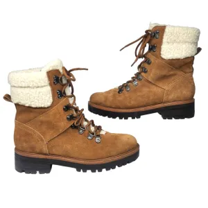 Marc Fisher Boots 9 Brown Leather Suede Combat Faux Shearling Fur Mid Calf Lace