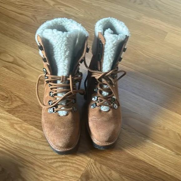 Marc Fisher Boots Brown Suede Combat Faux Shearling Fur Mid Calf Lace Size 6.5