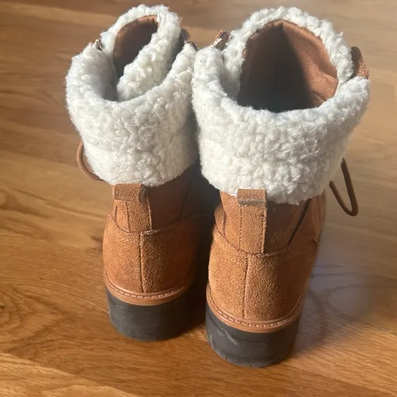 Marc Fisher Boots Brown Suede Combat Faux Shearling Fur Mid Calf Lace Size 6.5