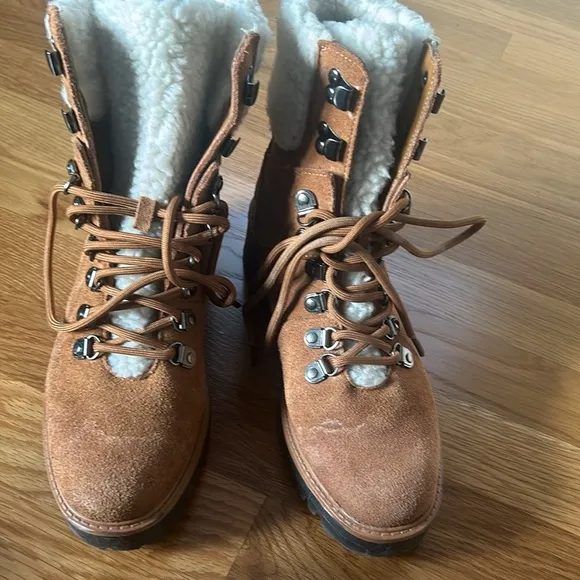 Marc Fisher Boots Brown Suede Combat Faux Shearling Fur Mid Calf Lace Size 6.5