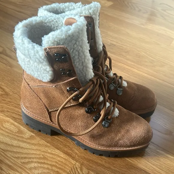 Marc Fisher Boots Brown Suede Combat Faux Shearling Fur Mid Calf Lace Size 6.5