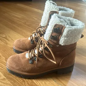 Marc Fisher Boots Brown Suede Combat Faux Shearling Fur Mid Calf Lace Size 6.5