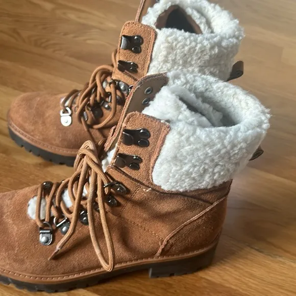 Marc Fisher Boots Brown Suede Combat Faux Shearling Fur Mid Calf Lace Size 6.5