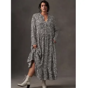 Mare Mare x Anthropologie Black White Cheetah Print Long Sleeve Midi Dress S