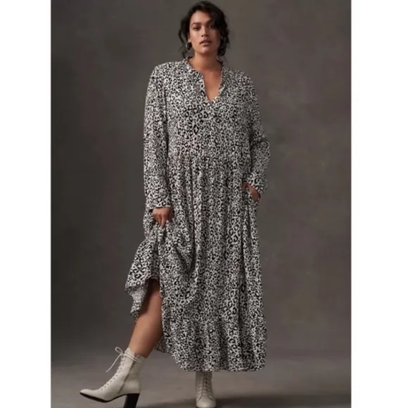 Mare Mare x Anthropologie Black White Cheetah Print Long Sleeve Midi Dress S
