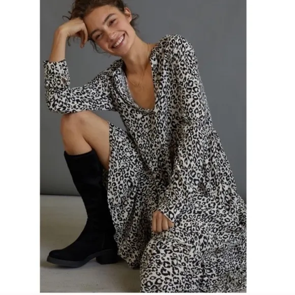 Mare Mare x Anthropologie Black White Cheetah Print Long Sleeve Midi Dress S