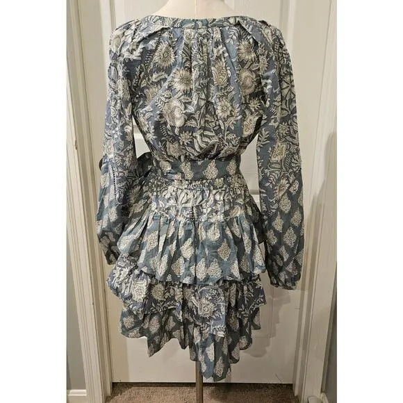 Marea Cotton Cala Azul Grace Ruffle Flounce Long Sleeve Mini Dress Size Medium