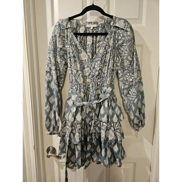 Marea Cotton Cala Azul Grace Ruffle Flounce Long Sleeve Mini Dress Size Medium