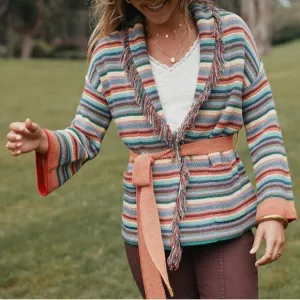 Marine Layer Alamere Cardigan Long Fringe Belted Sweater Multi Stripe NWT Medium