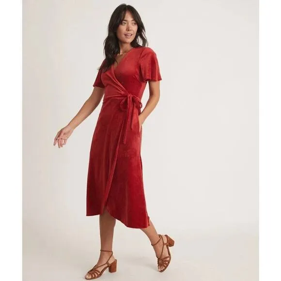 Marine Layer Viola Dress Velour Velvet Short Sleeve Wrap Midi Red Dhalia NWT XL
