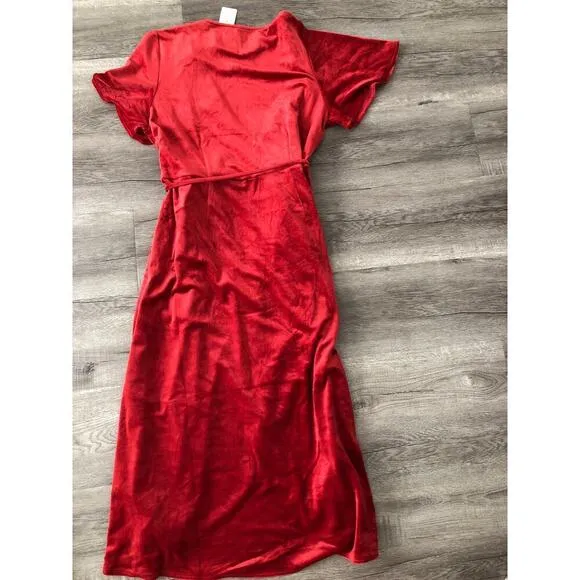 Marine Layer Viola Dress Velour Velvet Short Sleeve Wrap Midi Red Dhalia NWT XL
