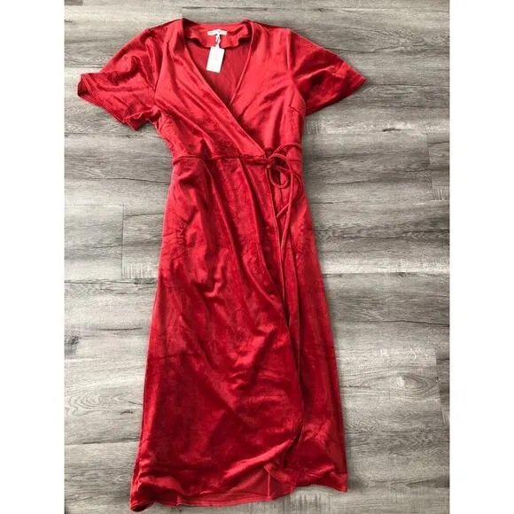 Marine Layer Viola Dress Velour Velvet Short Sleeve Wrap Midi Red Dhalia NWT XL