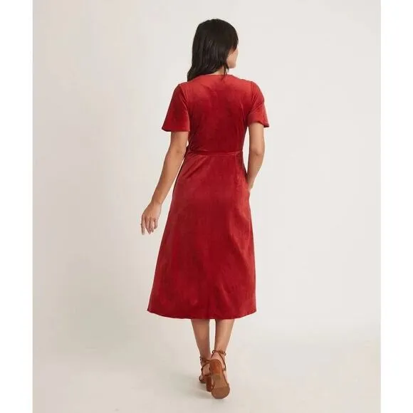 Marine Layer Viola Dress Velour Velvet Short Sleeve Wrap Midi Red Dhalia NWT XL