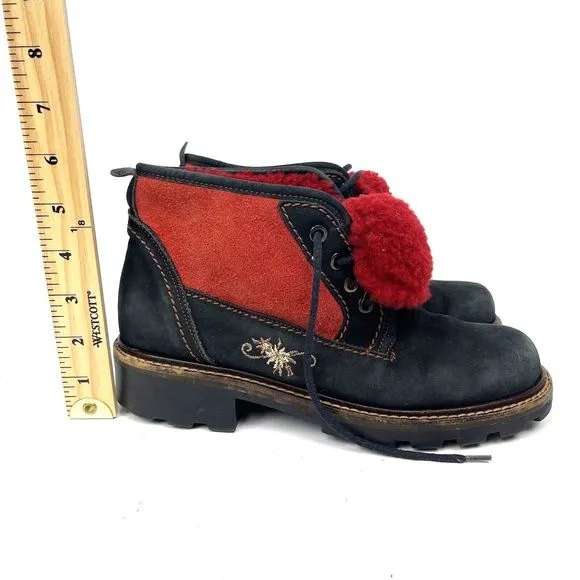 Marzetti Womens Hiking Boots Black Suede Embroidered Lug Sole Italy EU 38