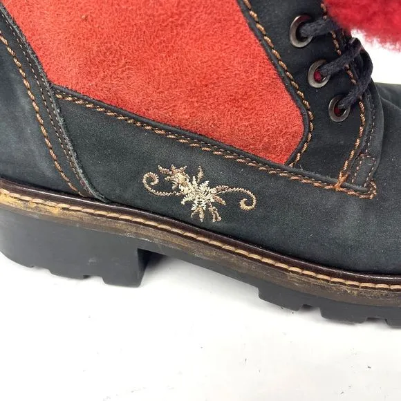 Marzetti Womens Hiking Boots Black Suede Embroidered Lug Sole Italy EU 38