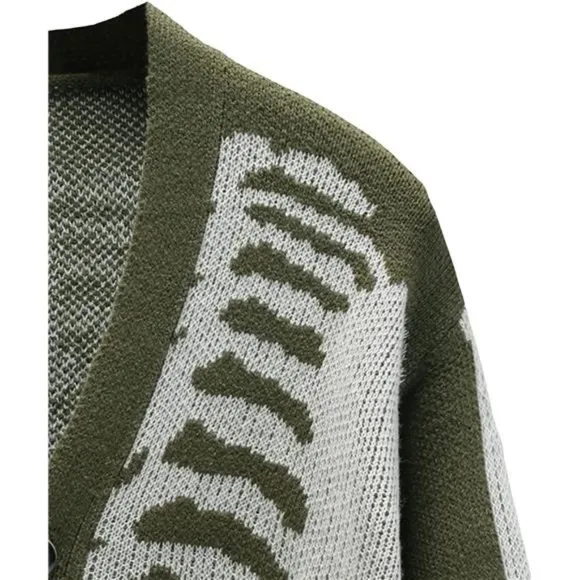 Men's V-Neck Skeleton Print Long Sleeve Cardigan Sweaters, Army Green