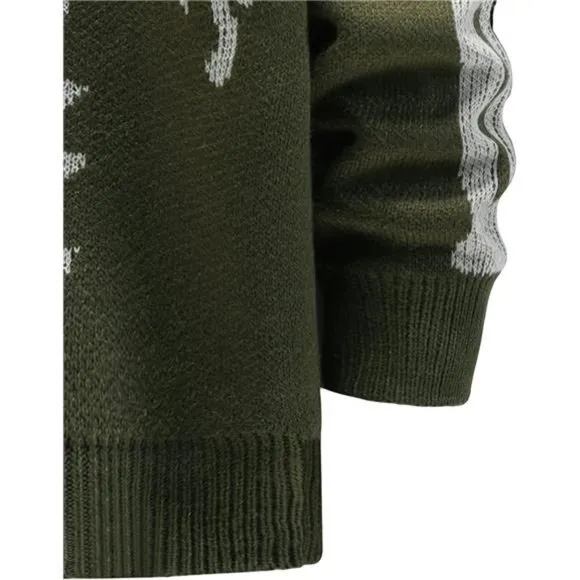 Men's V-Neck Skeleton Print Long Sleeve Cardigan Sweaters, Army Green