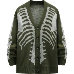 Men's V-Neck Skeleton Print Long Sleeve Cardigan Sweaters, Army Green