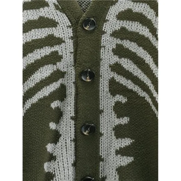 Men's V-Neck Skeleton Print Long Sleeve Cardigan Sweaters, Army Green