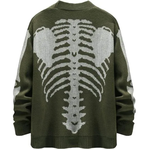 Men's V-Neck Skeleton Print Long Sleeve Cardigan Sweaters, Army Green