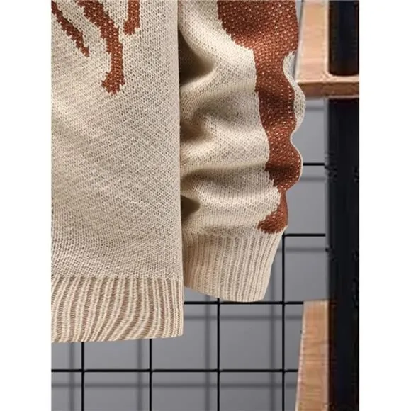 Men's V-Neck Skeleton Print Long Sleeve Cardigan Sweaters, Beige