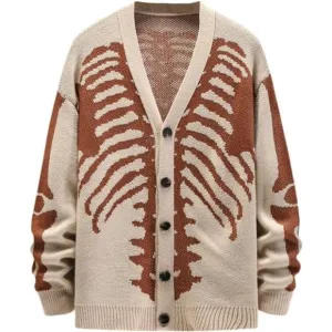 Men's V-Neck Skeleton Print Long Sleeve Cardigan Sweaters, Beige