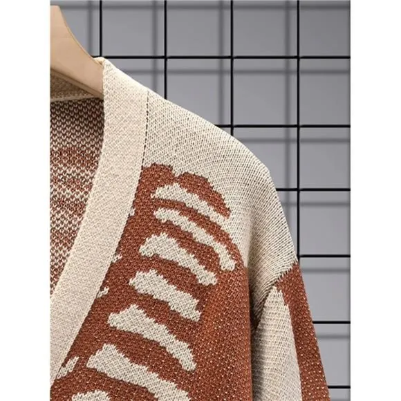 Men's V-Neck Skeleton Print Long Sleeve Cardigan Sweaters, Beige