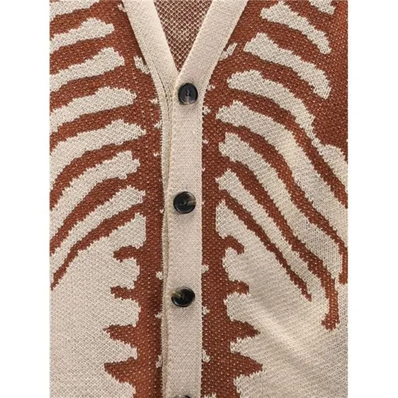 Men's V-Neck Skeleton Print Long Sleeve Cardigan Sweaters, Beige