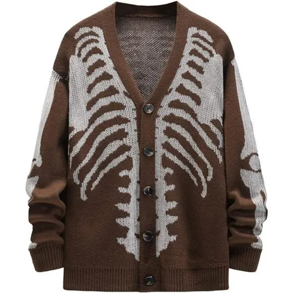 Men's V-Neck Skeleton Print Long Sleeve Cardigan Sweaters, Coffee Brown