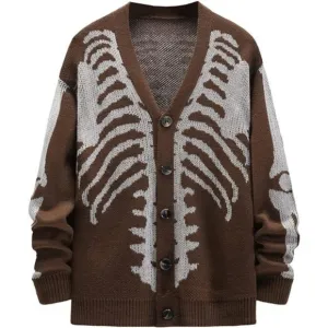 Men's V-Neck Skeleton Print Long Sleeve Cardigan Sweaters, Coffee Brown
