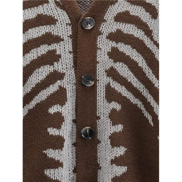 Men's V-Neck Skeleton Print Long Sleeve Cardigan Sweaters, Coffee Brown