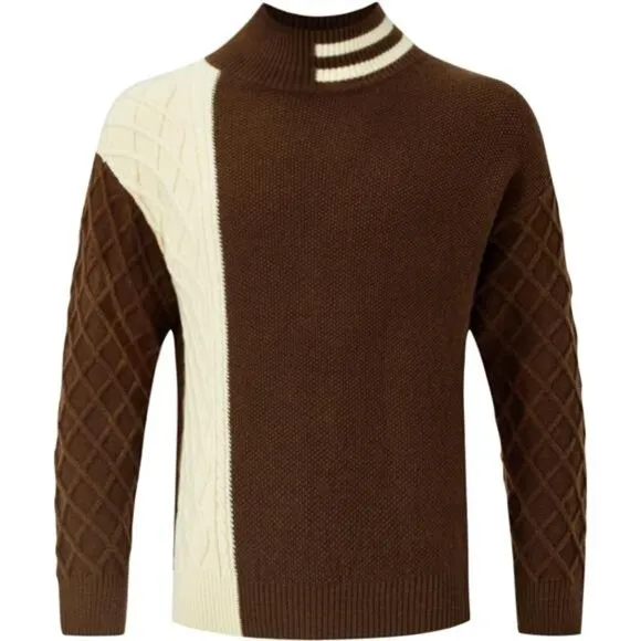 Men'sStriped Long Sleeve Mock Neck PulloverTurtleneckCable Knit Sweaters