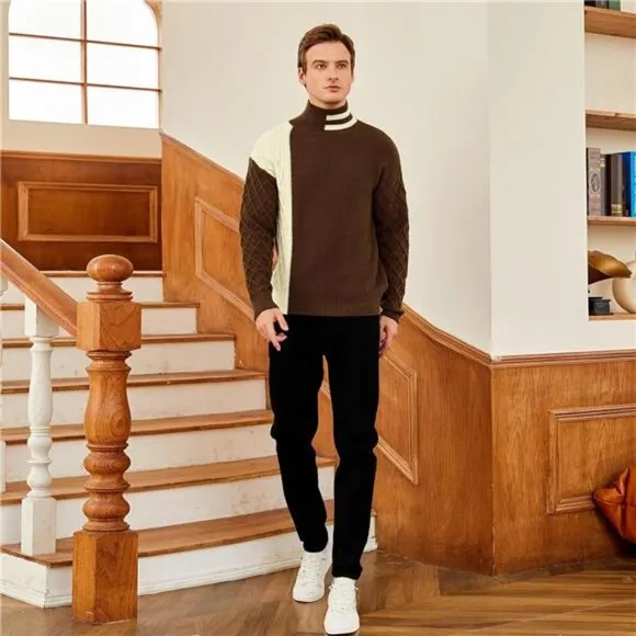 Men'sStriped Long Sleeve Mock Neck PulloverTurtleneckCable Knit Sweaters