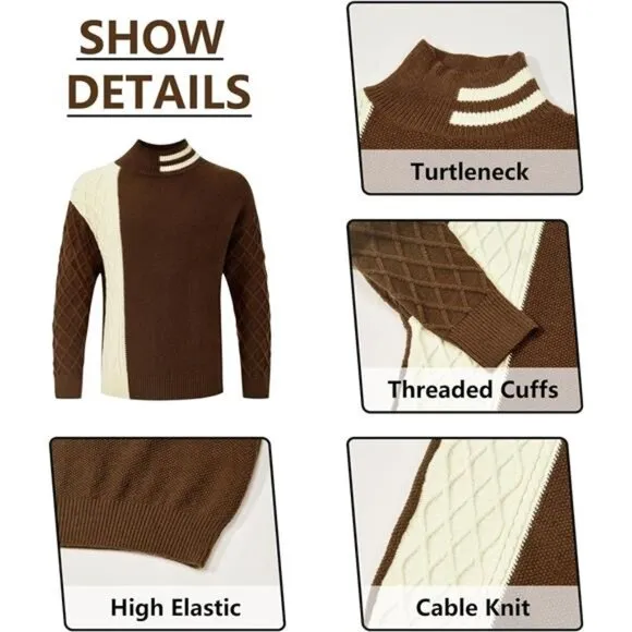 Men'sStriped Long Sleeve Mock Neck PulloverTurtleneckCable Knit Sweaters