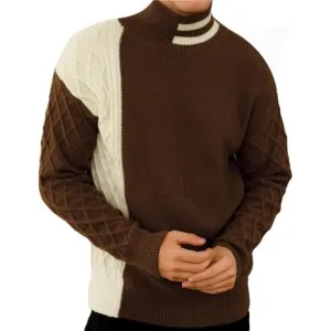 Men'sStriped Long Sleeve Mock Neck PulloverTurtleneckCable Knit Sweaters