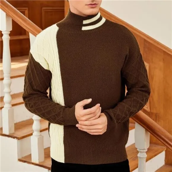 Men'sStriped Long Sleeve Mock Neck PulloverTurtleneckCable Knit Sweaters