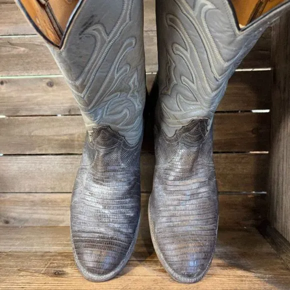 Mens Tony Lama Gray Lizard Skin Leather Roper Western Cowboy Boots Size 9‎ M