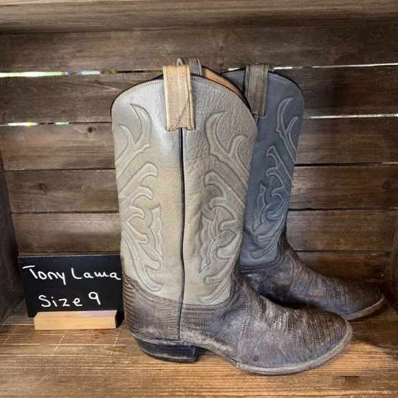 Mens Tony Lama Gray Lizard Skin Leather Roper Western Cowboy Boots Size 9‎ M