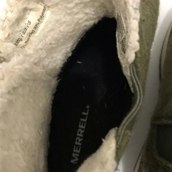 Merrell Juno Pull-On Olive Green Ankle Boots with Faux Fur Lining Size 10
