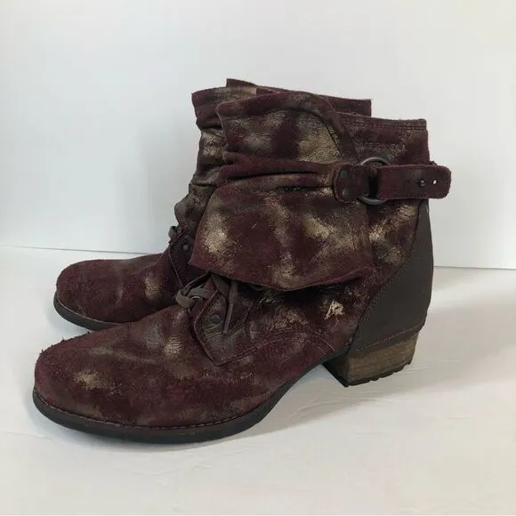 Merrell Shiloh Burgundy Gold Cuff Booties Distressed Boots 9.5