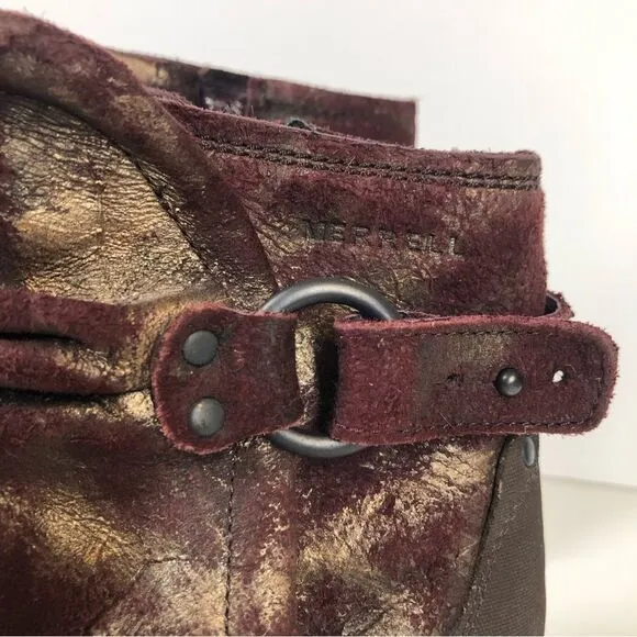 Merrell Shiloh Burgundy Gold Cuff Booties Distressed Boots 9.5