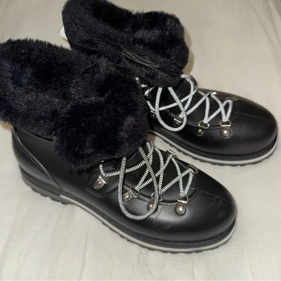 Michael Kors Black Lanis PVC &amp; Faux Fur Rain Boot Sz 9 Reflective Laces