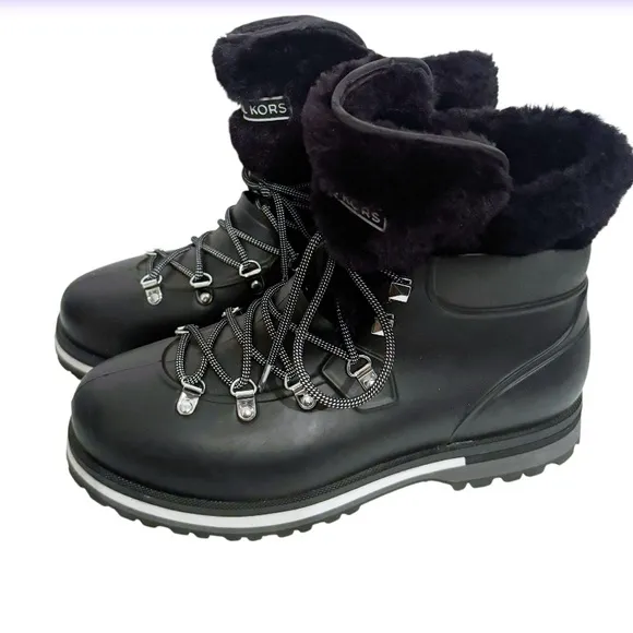 Michael Kors Black Lanis PVC &amp; Faux Fur Rain Boot Sz 9 Reflective Laces