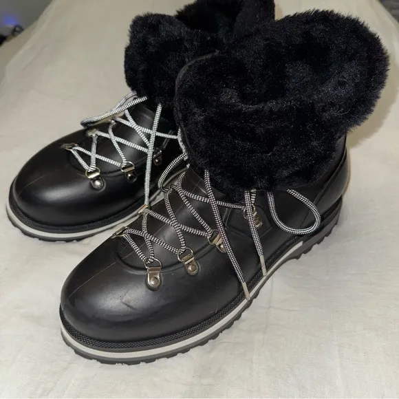 Michael Kors Black Lanis PVC &amp; Faux Fur Rain Boot Sz 9 Reflective Laces