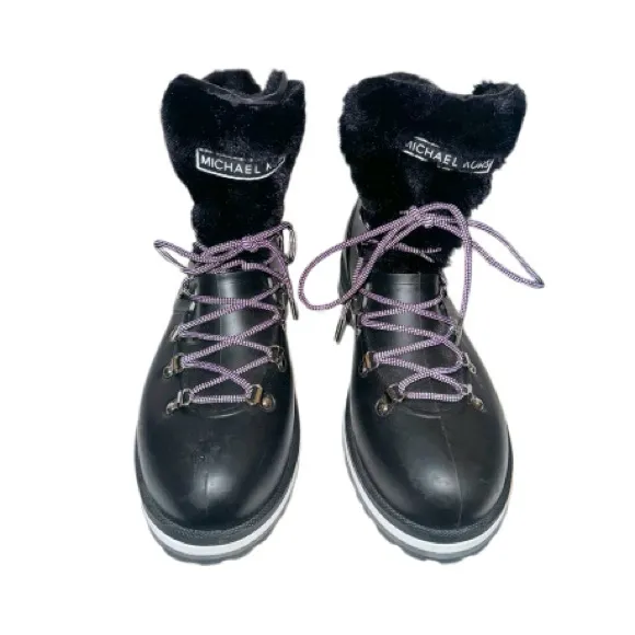 Michael Kors Black Lanis PVC &amp; Faux Fur Rain Boot Sz 9 Reflective Laces