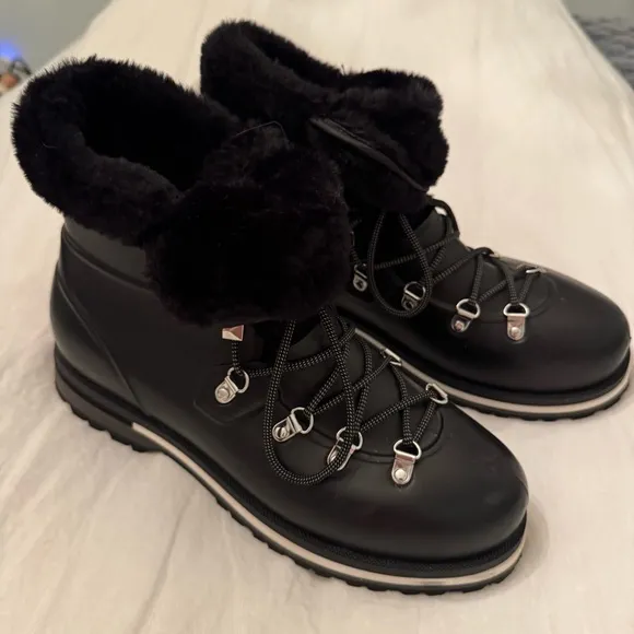 Michael Kors Black Lanis PVC &amp; Faux Fur Rain Boot Sz 9 Reflective Laces