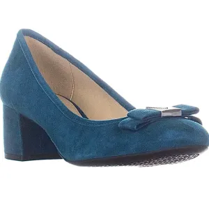 Michael Kors Caroline Suede Leather Teal Blue Mid Block Heels Pumps Shoes Sz 7