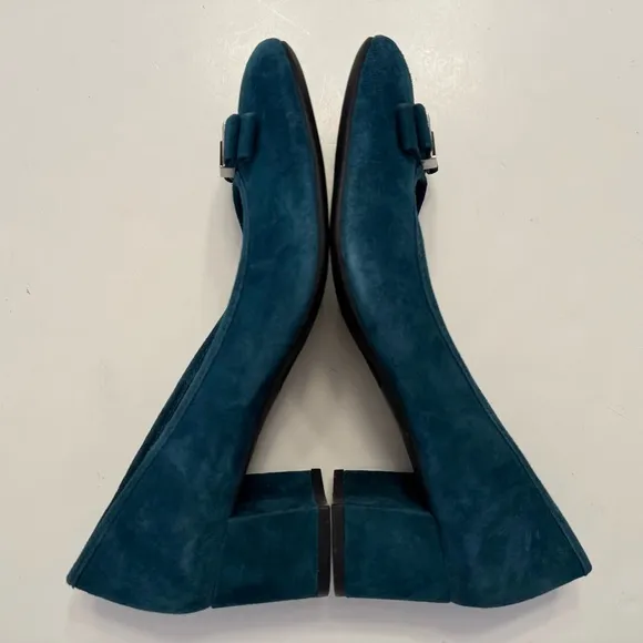 Michael Kors Caroline Suede Leather Teal Blue Mid Block Heels Pumps Shoes Sz 7
