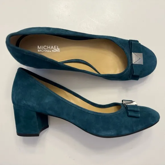 Michael Kors Caroline Suede Leather Teal Blue Mid Block Heels Pumps Shoes Sz 7