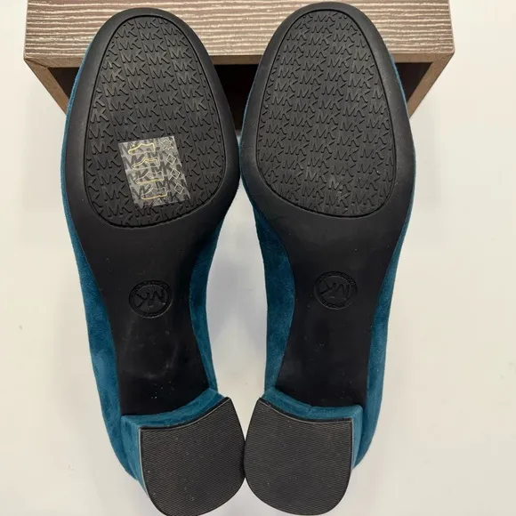 Michael Kors Caroline Suede Leather Teal Blue Mid Block Heels Pumps Shoes Sz 7